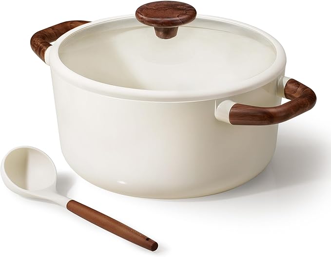 5QT Nonstick Stock Pot with Lid, 5 Quart Casserole with Ladle, Even Heating Stockpot, Fits All Stoves, Non Stick Big Cooking Pots PFOA Free, White