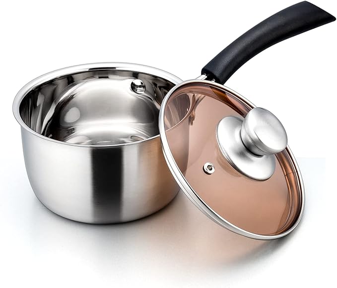 1 Quart Saucepan with Lid, Stainless Steel Small Sauce Pot with Glass Lid for Cooking, Easy Clean & Rust Free, Dishwasher Safe