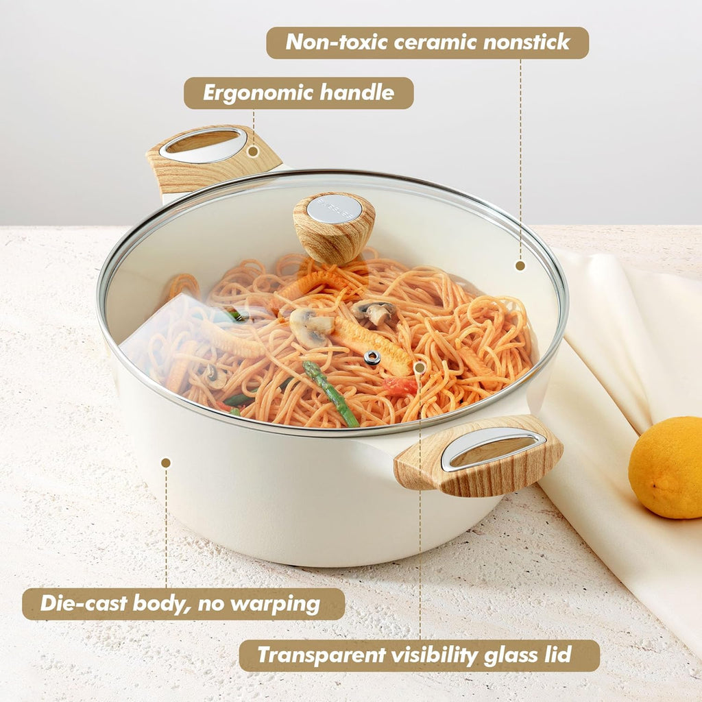 Ceramic Nonstick Stock Pot with Lid4.5 QT Soup Pot Casserole Pot, Non-toxic Healthy Pasta Pot, Large Cooking Pot Stew Pot, Induction Compatible, PFOA PFAS PTFE Free, White
